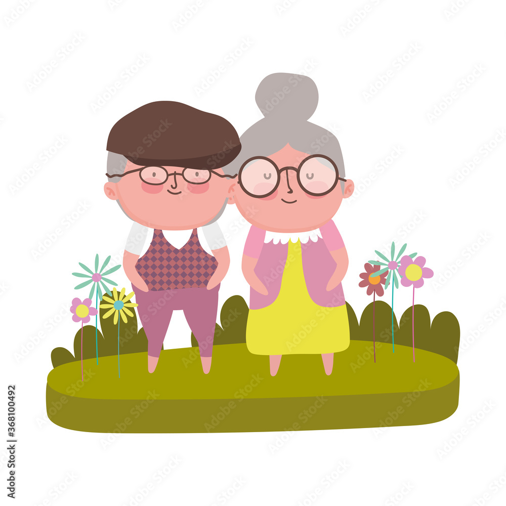 Poster grandparents day, grandfather and grandmother grass flowers cartoon