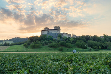 Castello di Torrechiara durante il tramonto tra le colline parmensi. Classico castello del ducato parmense. Immerso tra coltivazioni di pomodori.