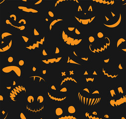 Seamless halloween pattern. Faces silhouettes on black background. Design for scrapbook paper, textile print, wallpaper. Vector illustration.