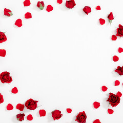 Beautiful flowers minimal composition. Red rose, rose petals on white background. Valentine's Day, Happy Women's Day, 8 March, Flat lay, top view, copy space