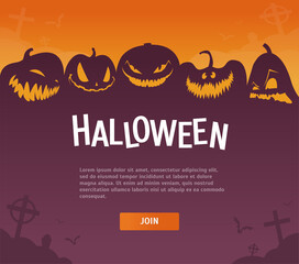 Happy Halloween poster of pumpkin on graveyard. Halloween holiday greeting card. Vector illustration.