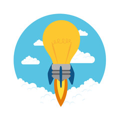 rocket launch light bulb in sky space, creative startup concept vector illustration design
