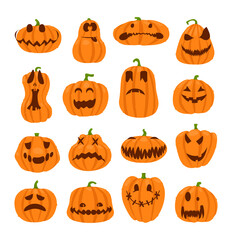Set of halloween pumpkins faces. The main symbol of the Happy Halloween holiday. Orange pumpkin with smile for your design for the holiday Halloween.