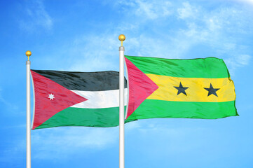 Jordan and Sao Tome and Principe two flags on flagpoles and blue cloudy sky