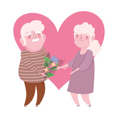 happy grandparents day, old grandfather giving flower to grandma cartoon heart love romantic