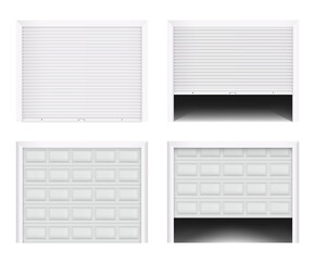 Roller garage gate. Secure roller shutters protect system, contemporary gate vector set. Realistic composition with opening door.