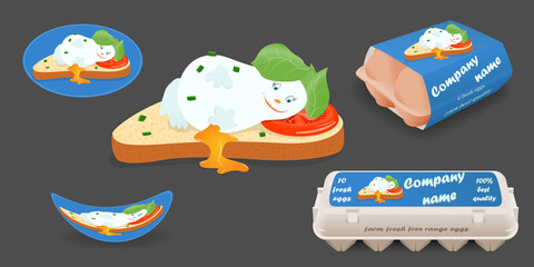 Delicious breakfast - boiled egg on a piece of bread with tomato and lettuce. Eco-friendly carton packaging for eggs. Set of vector elements for design.