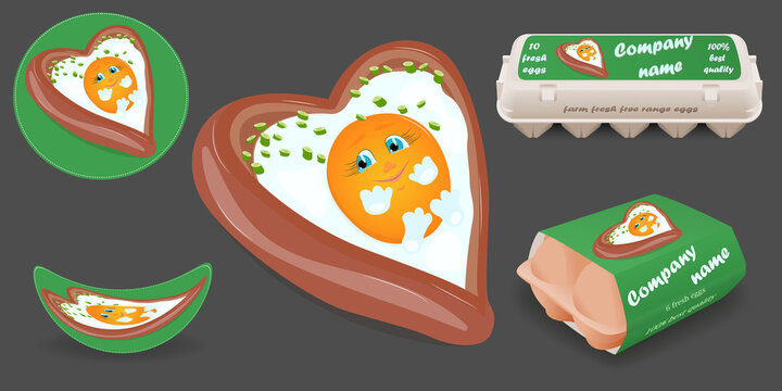 Fried egg with onions and sausage. Character in cartoon style for sticker, label. Eco-friendly carton packaging for selling eggs. Set of vector elements for design.
