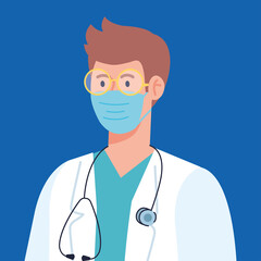 professional doctor wearing medical mask, using apron and stethoscope, hospital worker, prevention coronavirus covid 19 vector illustration design