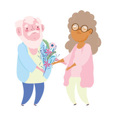 happy grandparents day, old grandfather giving flower to grandma cartoon