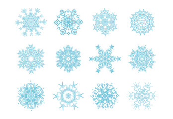 Snowflakes collection. Winter blue christmas snow flake crystal element. Christmas and new year decoration element set.