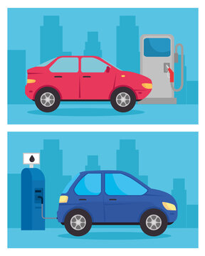 set banner, electric vehicles cars in charging station road vector illustration design