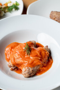 Traditional pork zrazy with vegetable gravy, close up in a restaurant