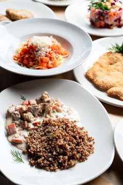 Buckwheat with pork and gravy, an aroma russian lunch with buckwheat befstroganov