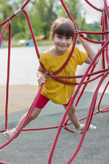 cute girl climbing the net in the playground