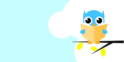 vector illustration of a blue owl reading a orange book in a branch of a tree with yellow leaves and blue sky with clouds on background