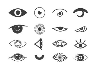 Eye icon set. Human organ of sight in different positions. Look and vision icons. Vector illustration isolated on white background.