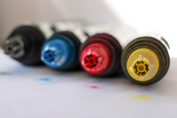 Toner cartridge set for color laser printer. Equipment for printingon white background