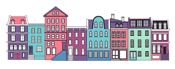 A set of old high-rise buildings. Old city. Flat vector illustration.