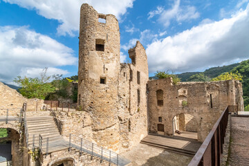 Fototapeta na wymiar The ancient runs of the Castello fortress, a castle in the hills of Liguria above the town of Dolceacqua, Italy.
