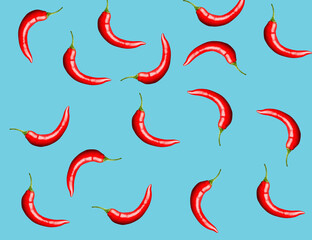 Chilli pepper seamless pattern isolated on sky blue background. 