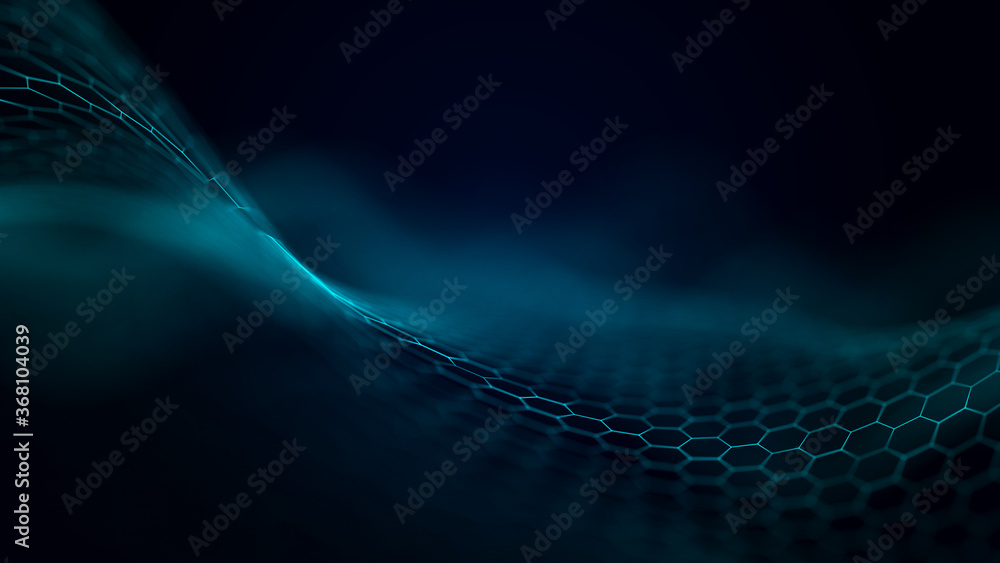Poster Structural communication of data transmission. Futuristic hexagon illustration. Technology concept. 3D rendering.
