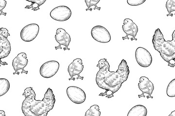 Seamless pattern of chicks, eggs and hens, hand drawn vector, engraving style
