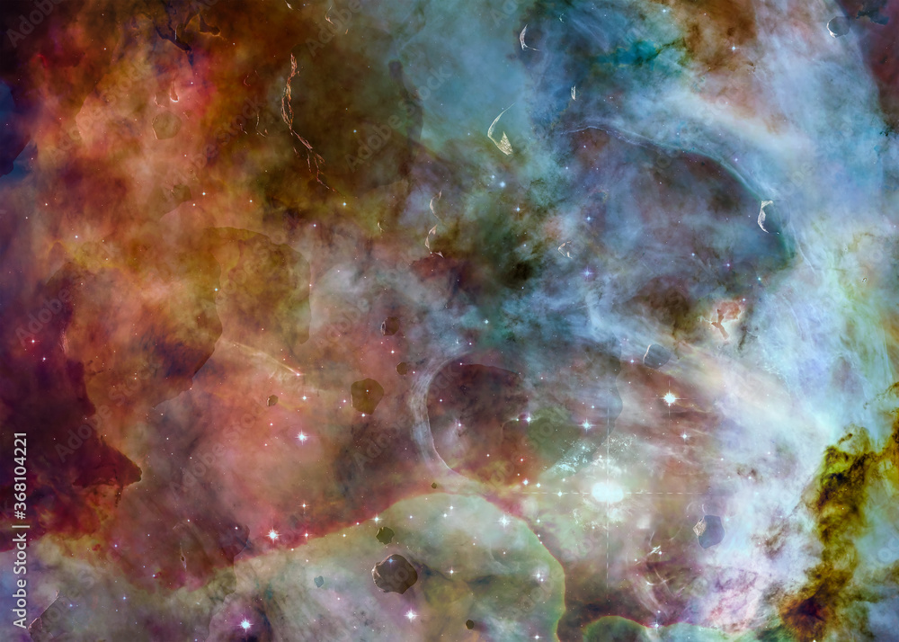 Wall mural a colourful star forming region with sardust and asteroid rocks somewhere in space. science fiction.