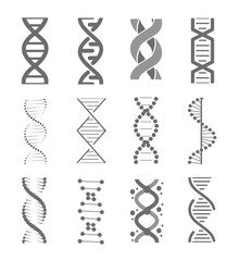 Human dna research technology symbols. Adn helix structure, genomic model and human genetics code. Vector isolated illustration set