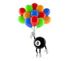 Eight ball character flying with balloons