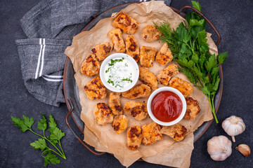 Baked chicken nuggets with sauces