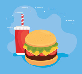 fast food, lunch or meal, hamburger with bottle beverage vector illustration design