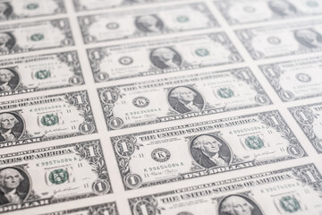 Uncut one dollar sheets from printer. Printing American dollars. Money print.