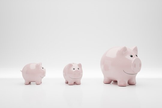 pink piggy bank family on white background, concept image for saving money