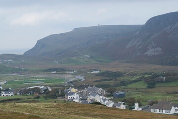 Fototapeta na wymiar Irish village , western Ireland , landscape , mountain ,coast, rural,clouds