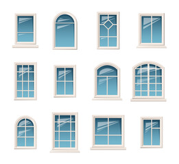 Vector collection of various white windows. Various types plastic windows collection. Interior and exterior elements