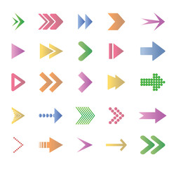 Set of colorful arrows. Rewind icons, cursor pointers, or web interface navigation or website cursor. Flat vector collection.