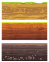 Set of grounds layers. Illustration of cross section of ground with layered dirt clay, ground layer with stones and grass on dirts cliff texture. Archeology landscape cartoon vector.