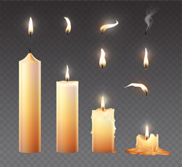 Candle fire set. Realistic burning wax candles for animation. Vector illustration isolated on transparent background.