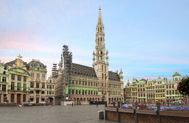 The Grand Place Markt Square in the old town center of Brussels, Belgium, early in the morning.