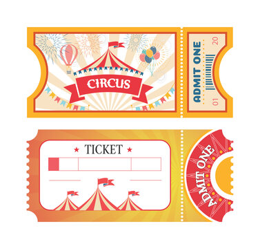 Tickets to Circus or Amusement park printed coupons with flat fairground attraction images. Tickets with red ribbons circus tent and balloons.