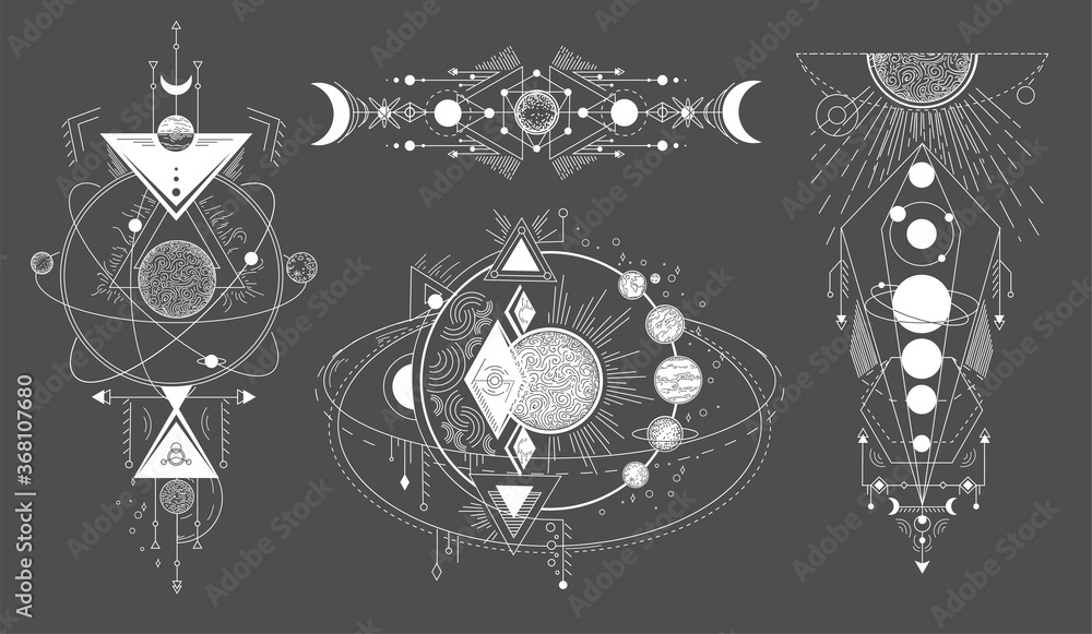 Wall mural tattoos of space subjects with star systems. vector set of geometric abstract magical tattoo on blac