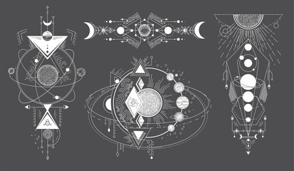 Tattoos of space subjects with star systems. Vector set of geometric abstract magical tattoo on black background. Illuminati or masonic tatoo, esoteric paranormal occult vector illustration.