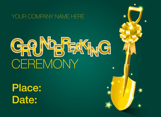 Groundbreaking ceremony banner with golden shovel decorated with ribbon bow vector illustration
