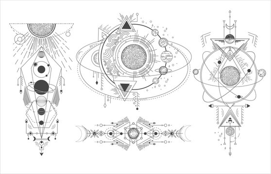 Vector set of sacred geometric symbols with moon, planet and arrows isolated on white background.