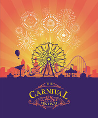 Vector background of amusement park. Poster design invitation of the carnival funfair and amusement with sunset. Ferris wheel, roller coaster and carousel festive parks attractions. - obrazy, fototapety, plakaty