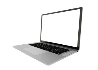 Silver laptop side view with white screen isolated on white background