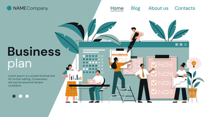 Business Plan concept with teamwork as diverse members of the team do research and logistics, colored vector illustration. Web page template.