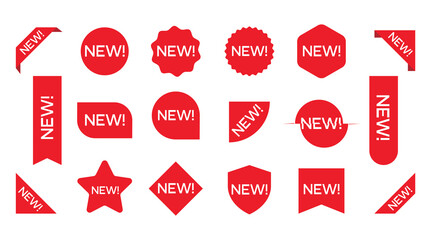 New sticker set. Corner banner, new tag labels and present buttons. Sticker icon with text isolated on white background.