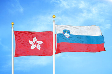 Hong Kong and Slovenia two flags on flagpoles and blue cloudy sky